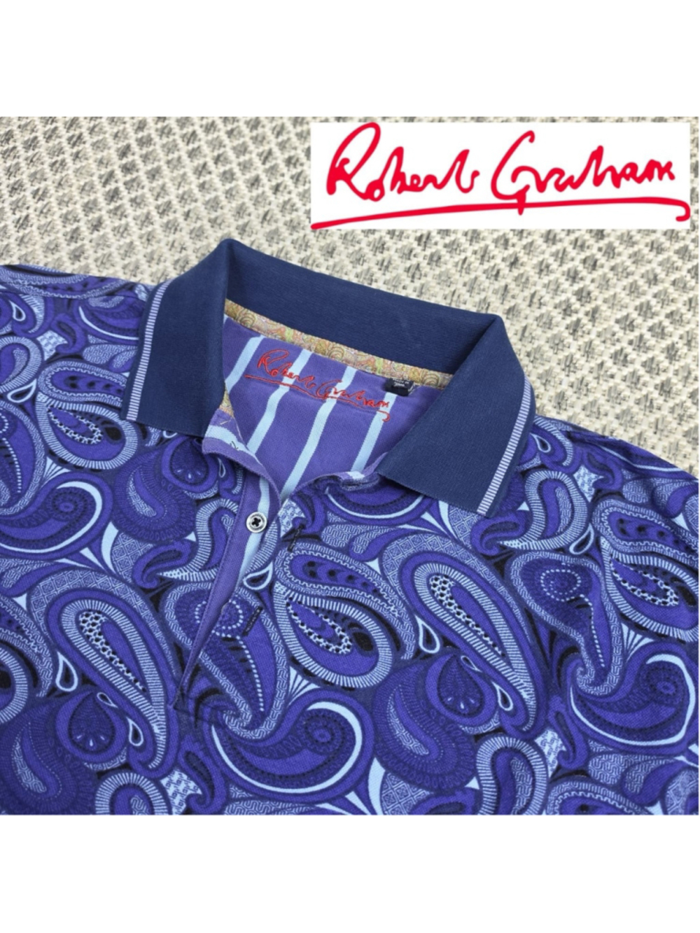 Robert Graham Mens XL Purple Blue Paisley Polo Shirt Cotton All Over Print